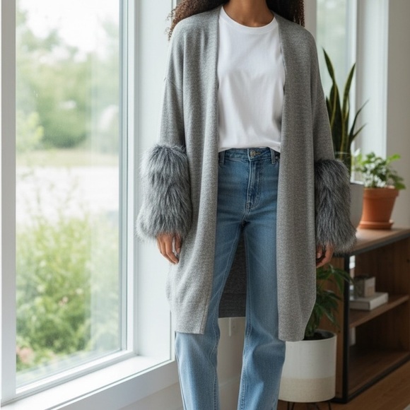 Sweaters - Cliche’ Gray Open-Front Duster with Faux Fur Cuffs Woman’s Size Small